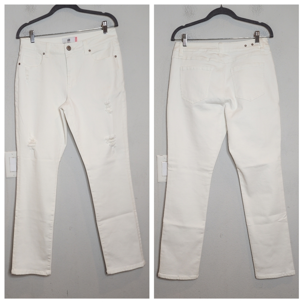Cabi High Slim White Stretch Denim Distressed Jeans women's size 10.